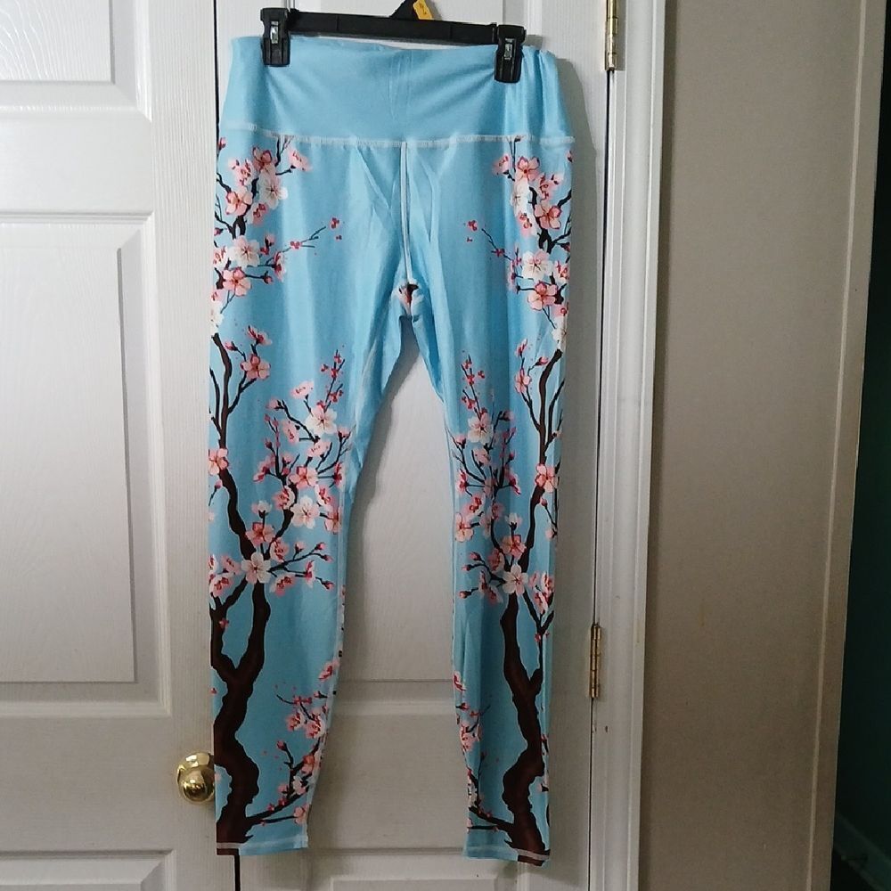Aqua blue floral print workout comfy leggings Sz XXL NWOT